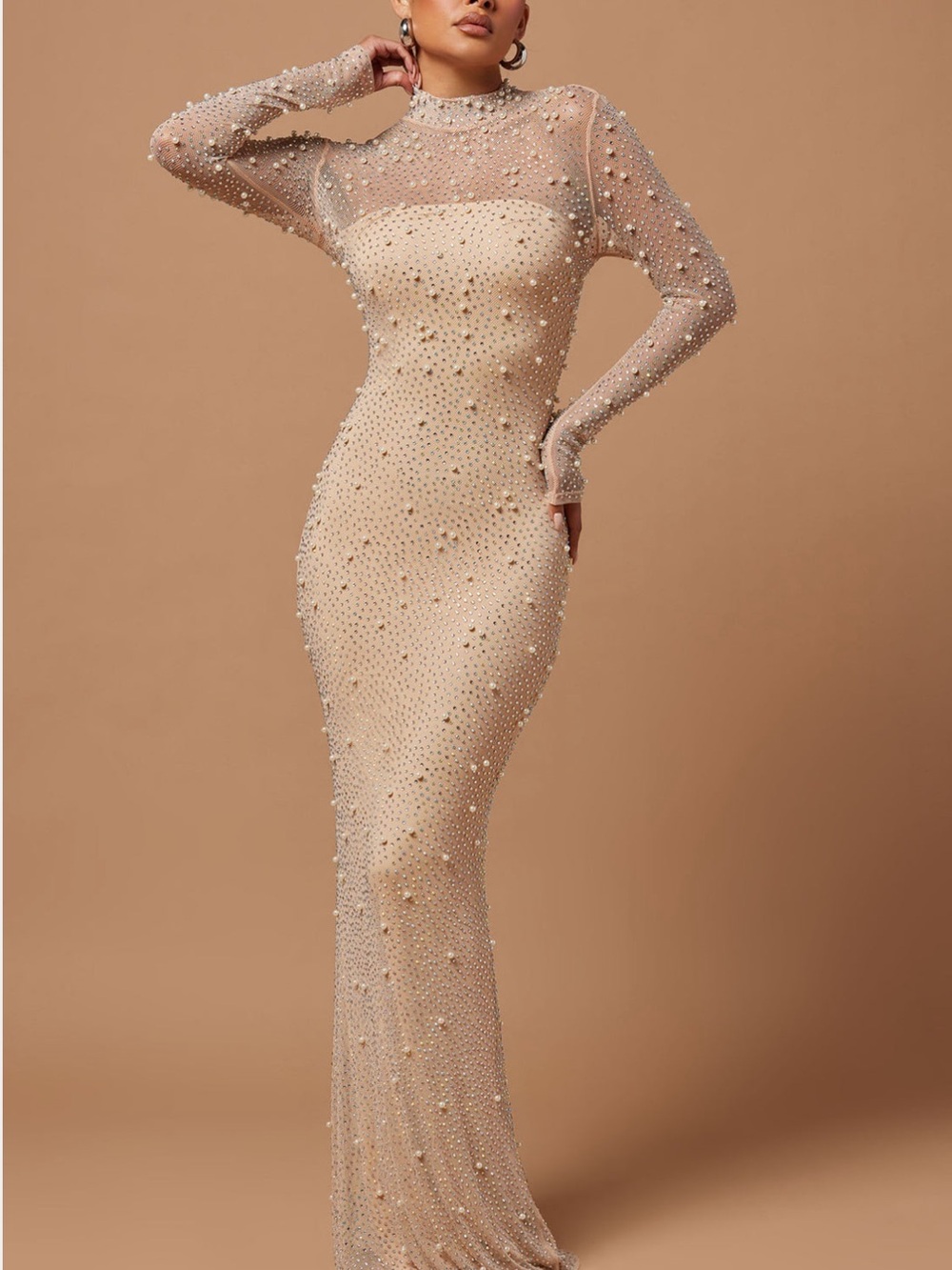 Nude Pearl & Crystal Embellished Maxi Dress